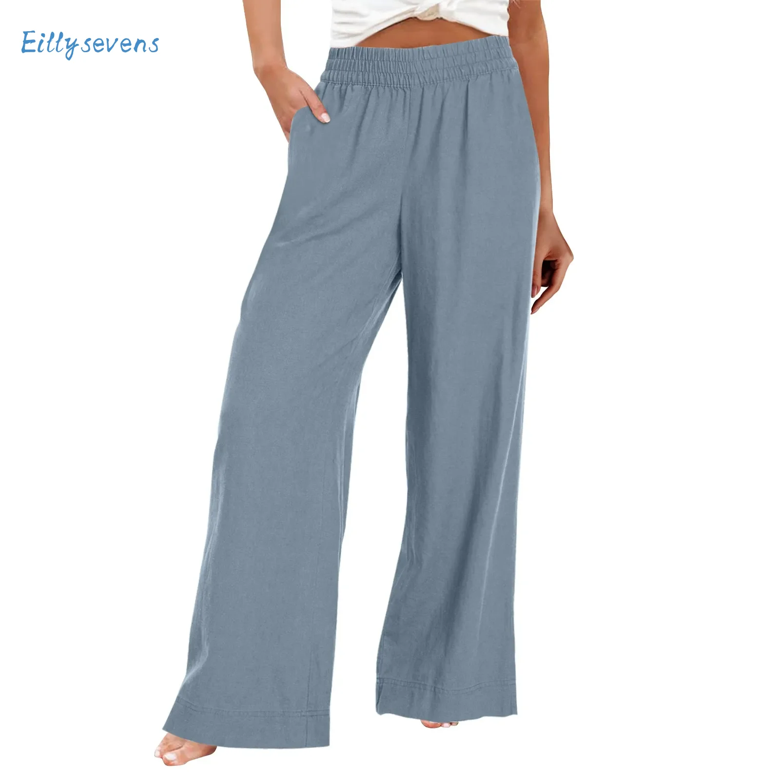 

Cotton And Linen Trousers Summer Casual High-Waisted Loose Wide-Legged Trousers With Pockets Daily Commute Comfortable Pants