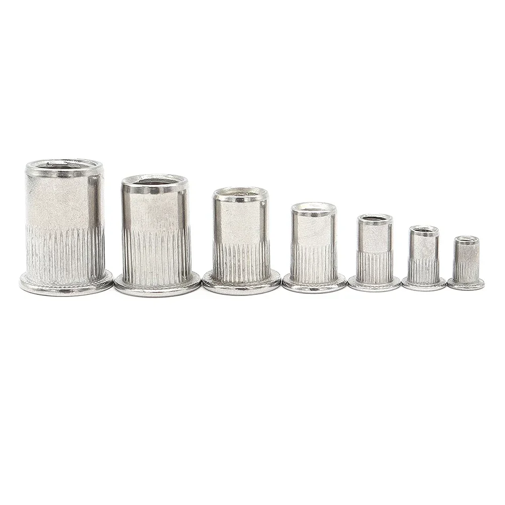 Stainless Steel Rivet Nut 50pcs 100pcs M3 M4 M5 M6 M8 M10 M12 Rivnut Flat Head Round Body Knurled Cap Threaded Riveted Nuts