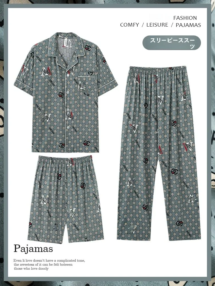 yuzhao-lin-men's-summer-short-sleeve-sleepwear-set-thin-cotton-silk-shorts-casual-loose-fit-comfortable-home-wear-for-dad