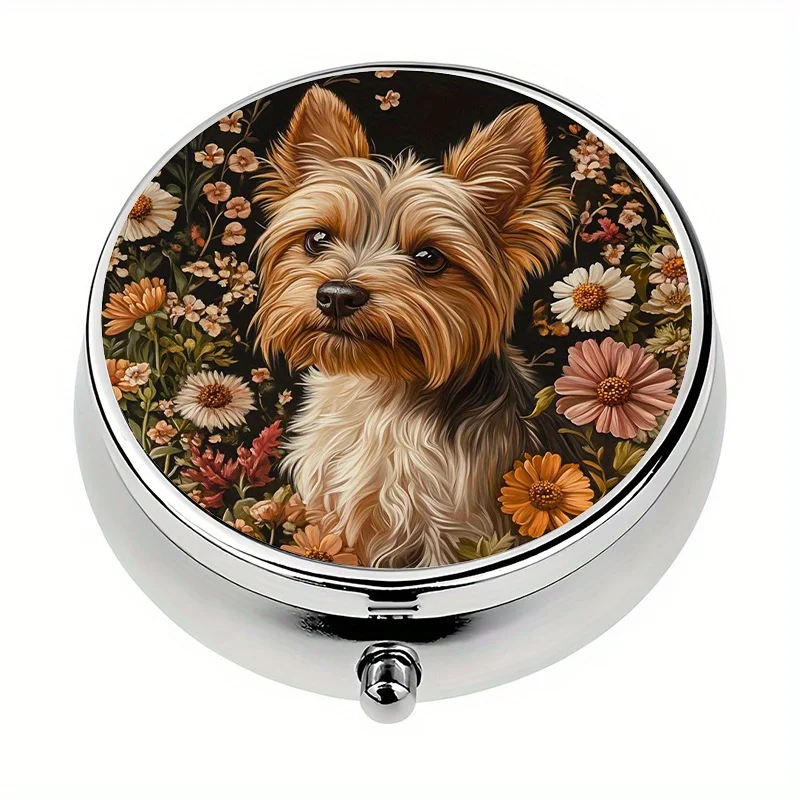 A 3-compartment pill box with a floral Yorkshire Terrier theme, mini pill container, pill organizer, or decorative vitamin storage box for handbags