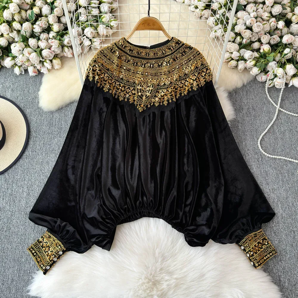 Basics O-neck Vintage Long Sleeve Elegant Chic Gold Sequins Loose Velvet Top French Streetwear High Street Autumn Winter Blouse