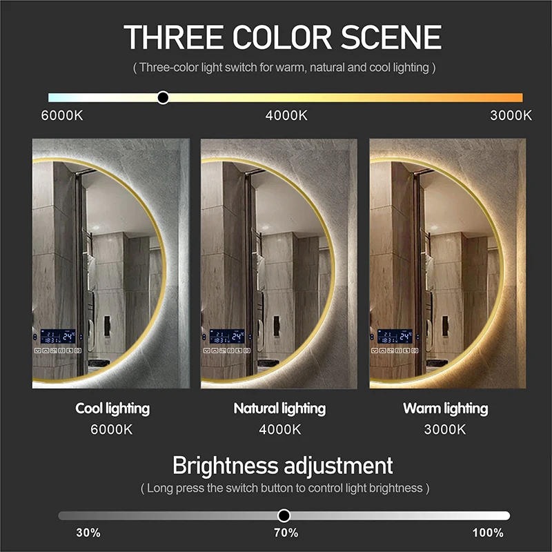 Imagem -04 - Quadro Preto Redondo Conduziu o Espelho Esperto da Composição do Banheiro com a Indução do Corpo de Bluetooth Que Desembaça o Espelho Cosmético da Luz da Cor o