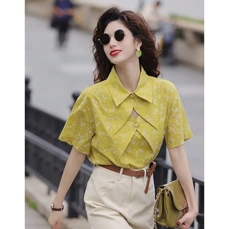 Vintage floral patchwork short-sleeved shirt women's fashion Chiffon Blouses