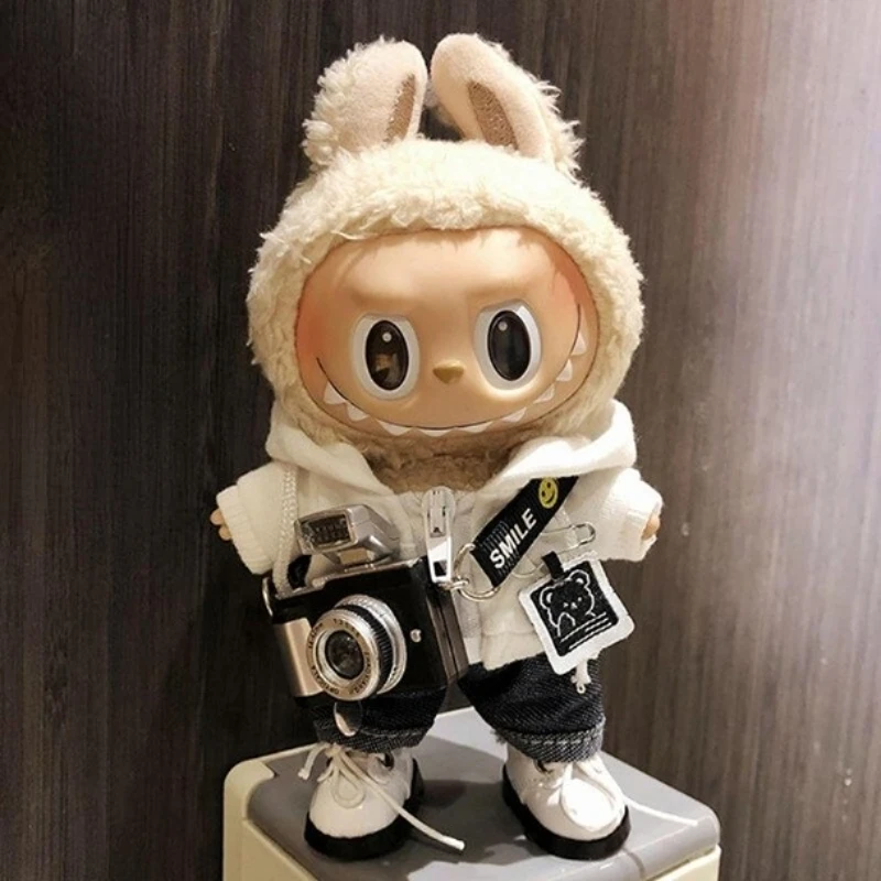 17 cm Mode Mini Labubu Kleidung Kamera Plüsch Hoodie Idol Puppen Overall Kleidung Fans Overalls Zubehör für Korea Kpop Exo