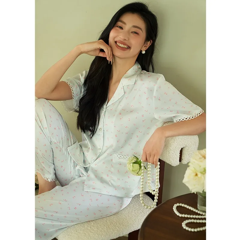 

Women's Summer New Pajamas Short Sleeved Pants Ice Silk Water-soluble Lace Floral Pajamas Set Home Wear