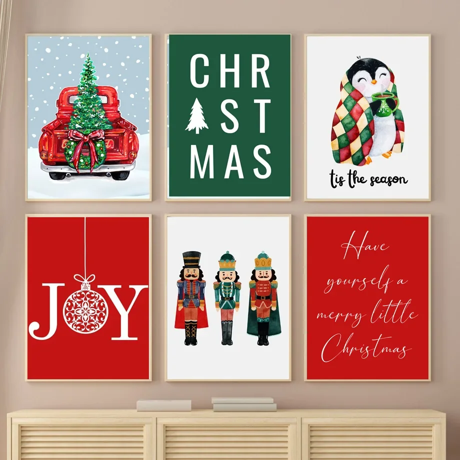 

Holiday Wall Art Canvas - Christmas Tree Penguin Snowflake Santa Claus Car Design for Kids Room Decor Festive Posters And Prints