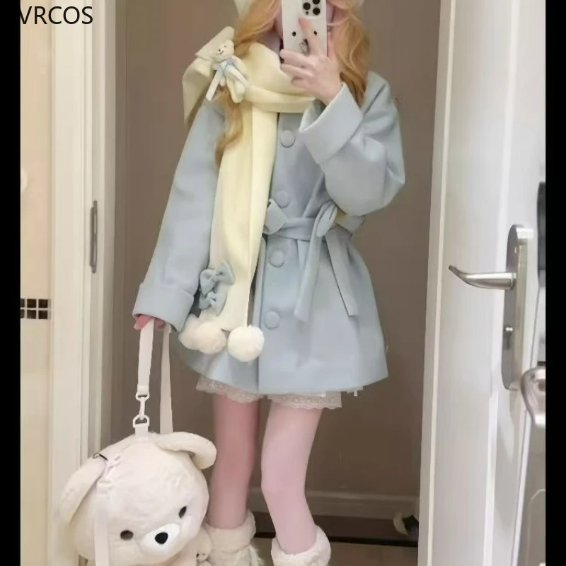 Autumn Winter Japanese Preppy Style Woolen Coat Women Kawaii Bow Cartoon Bear Scarf Loose Long Jackets Sweet Y2k Lolita Outwear