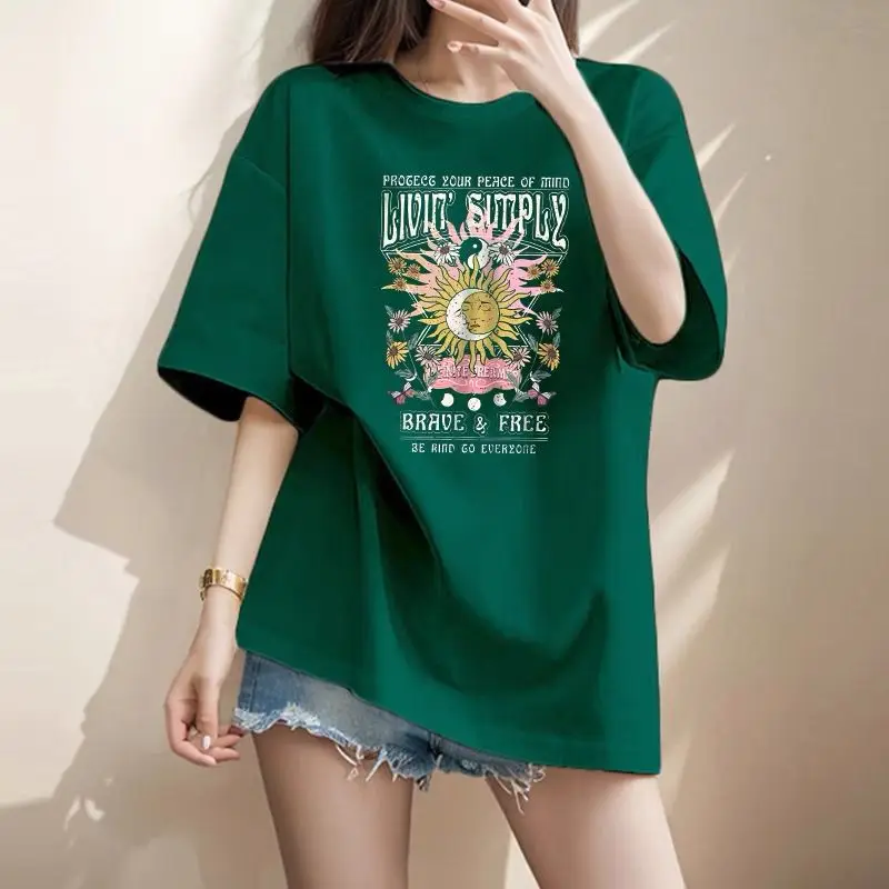 Women Clothing Fashion Hand-Painted Print Y2k T-shirt Summer Pure Cotton O-neck Short Sleeve Basic Top Tee Casual Loose Pullover