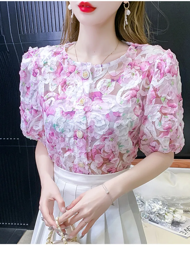 Fashion Short Sleeve Lace Shirt Women Skeleton Niche Design Bubble Sleeve Round Neck Summer Slim Women Tops