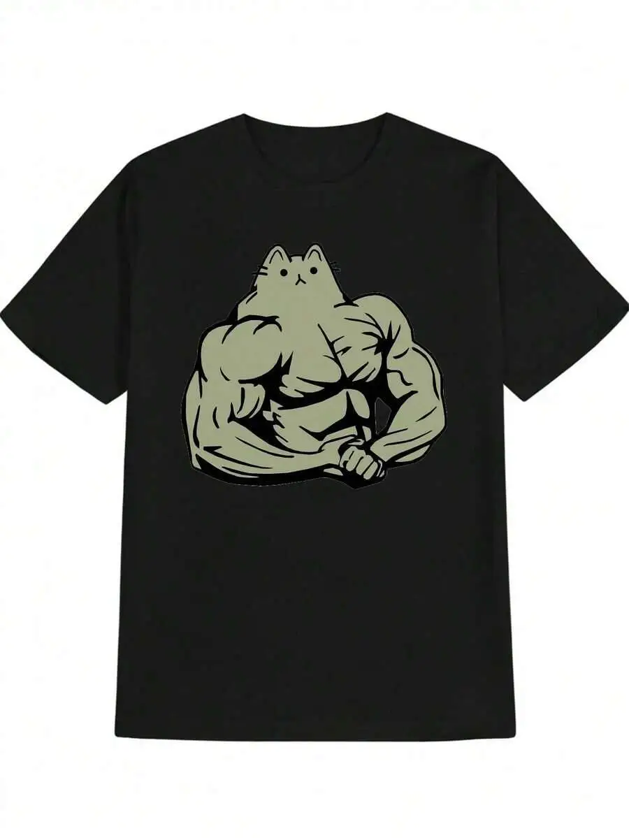 Men's Crew Neck-Shirt, Summer Graphic Tee With Vintage Anime Print, Regular Fit, Dark Humor Muscle Design, Essential 100% Cotton