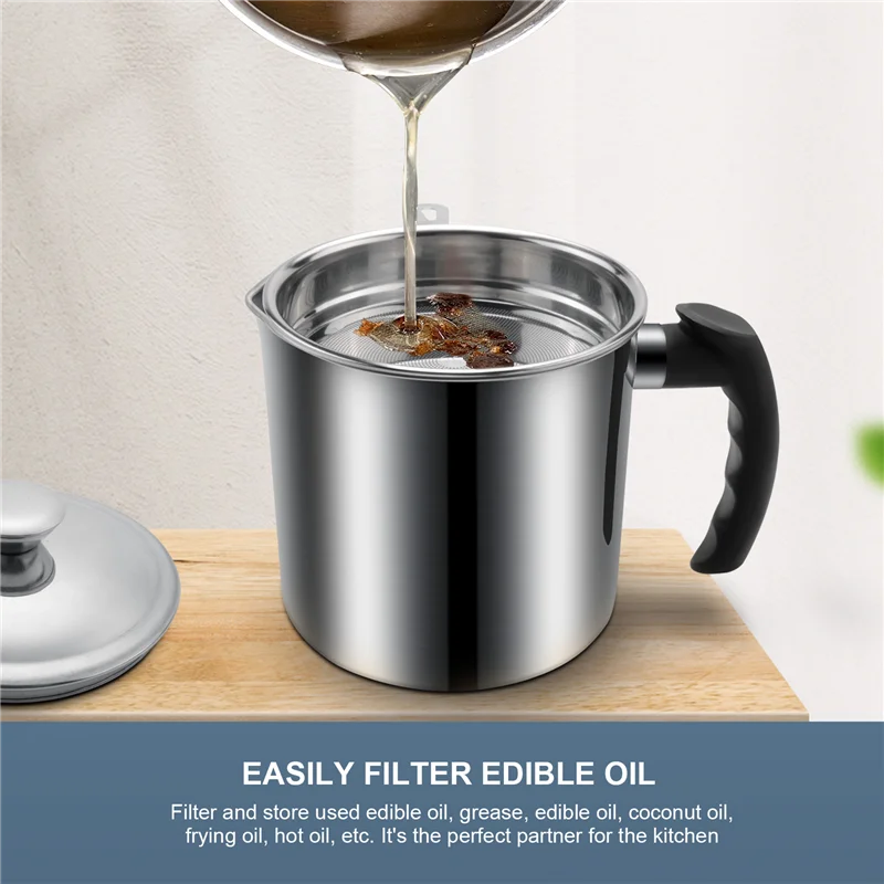 Contenitore per grasso PB-Bacon con filtro Contenitore per olio in acciaio inossidabile da 48 Oz Lattina per olio con coperchio Lattina per olio con manico facile da impugnare