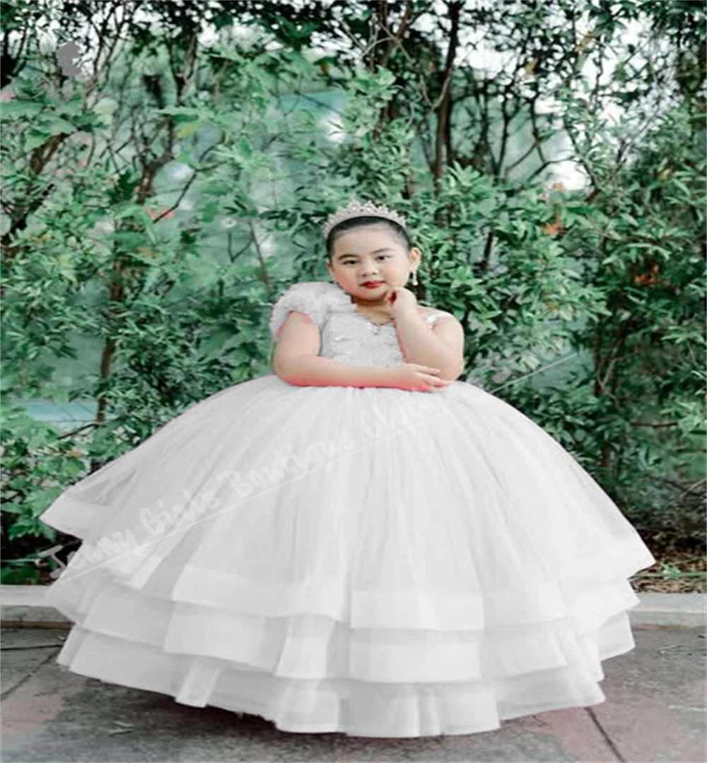White Sequined Flower Girl Dress With Puffy Ruffled Lace Tulle For Children's Birthday Wedding Party Piano Performance