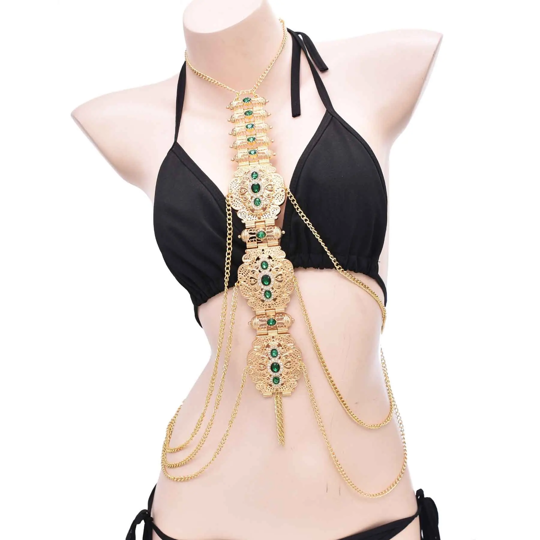 

Turkey Arab Ethnic Women Bust Chains Exaggerated Sexy Chest Multi Layer Body Jewelry Crystal Hollow Geometry Female Accessory