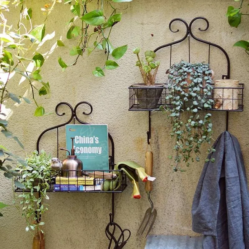 Wrought iron wall hanging shelf garden balcony wall retro decorative hook multi-functional tool storage shelf