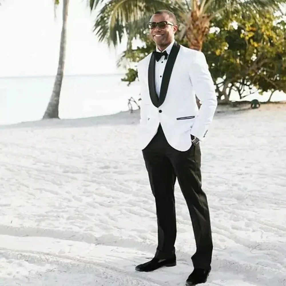 Elegant White Men's Suits 2 Pieces Jacket Pant Sets Formal Occasion One-Button Shawl Lapel Male Wedding Clothing Blazer Homme