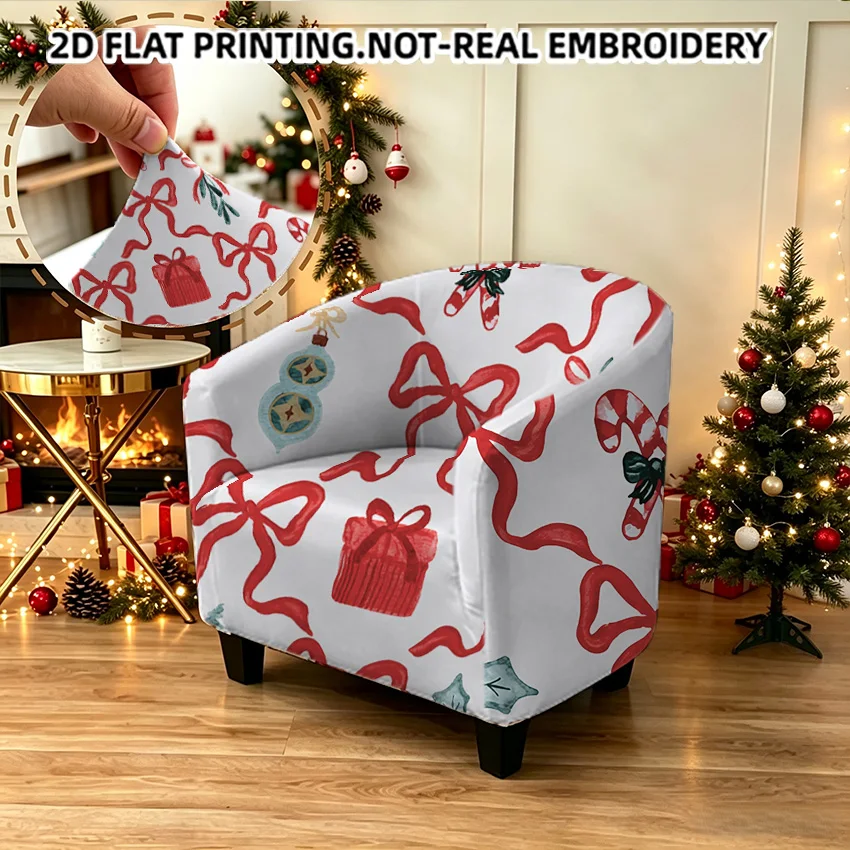 Seamless Christmas Red-Green Bows Gifts Plaid Long Ribbons Printed Armrest Sofa Cover, 2D Printed Elastic Single Club Sofa Cover