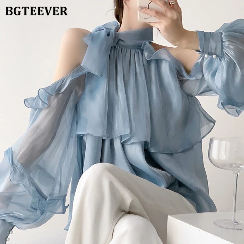 BGTEEVER Spring Autumn Lace-up Women Blouses Long Sleeve Off-the-shoulder Ruffles Ladies Shirts Elegant Female Tops