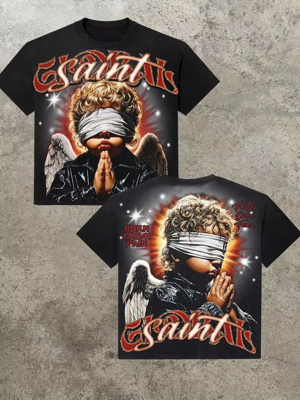 2026 Summer European and American Men's Gothic Angel Letter Print Cotton Comfortable and Breathable Round Neck T-shirts Kids