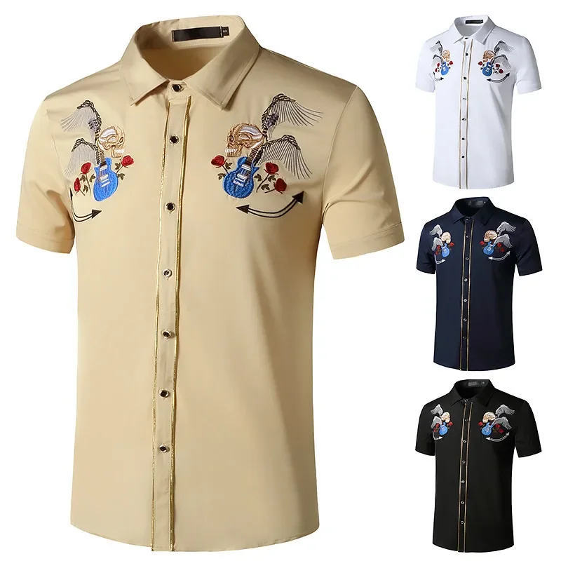 2024 Summer New Men's Personalized Skeleton Guitar Embroidered Short Sleeved Shirt with Lapel Button Casual Shirt Men Clothing