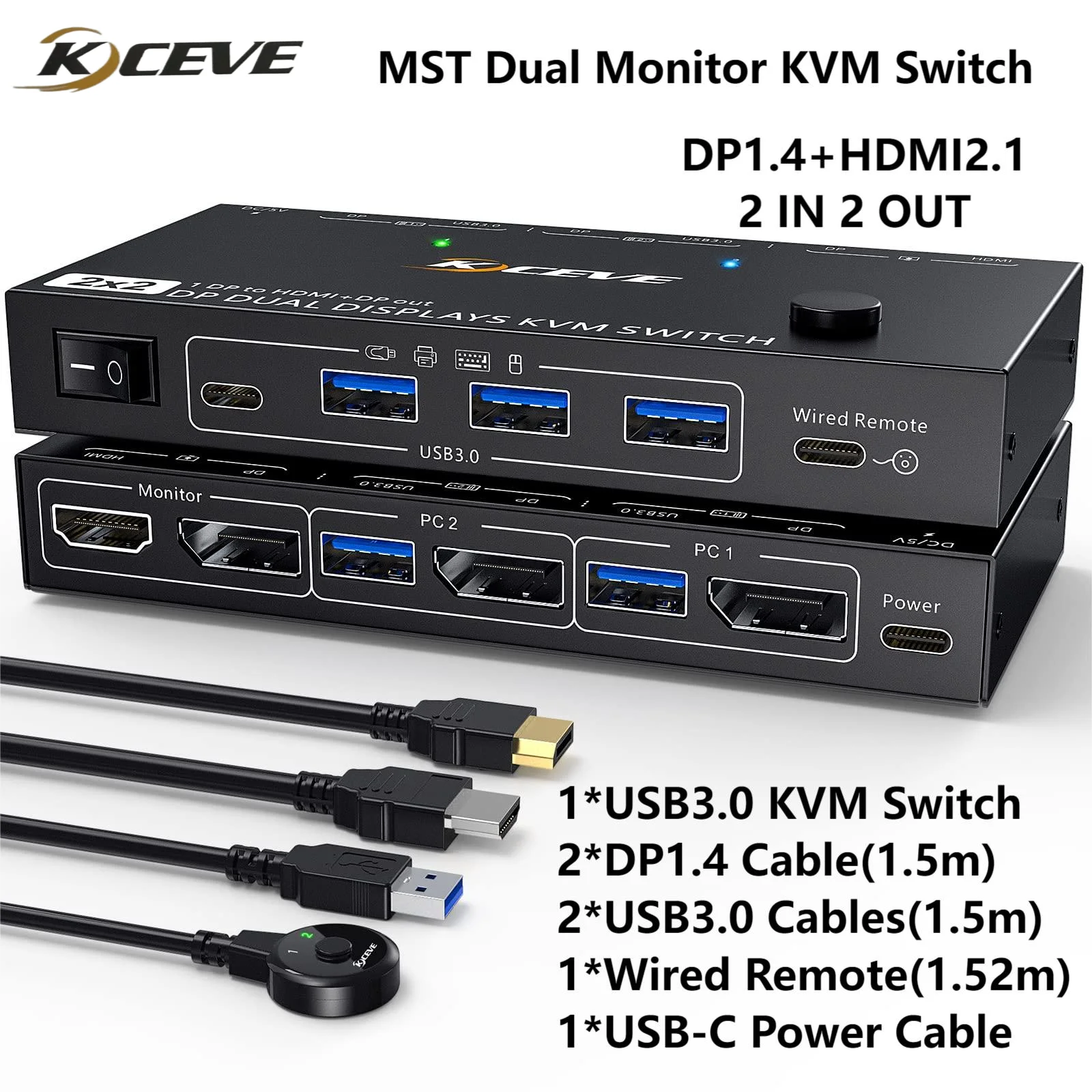 

MST Displayport KVM Switch 2 Monitors 2 Computers 4K@144Hz,1 DP in,DP+HDMI Out,Dual Monitor KVM Switch DP 1.4 with 4 USB3.0 Port