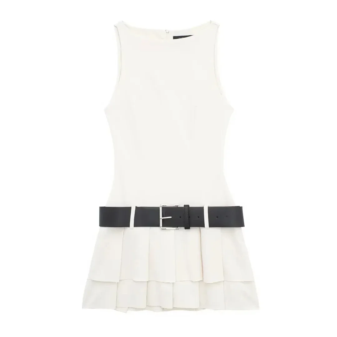 2024 Belt Bodycon Mini Dress Woman Sleeveless Short Dresses For Women Pleated Casual Summer Dresses Elegant Party Dress