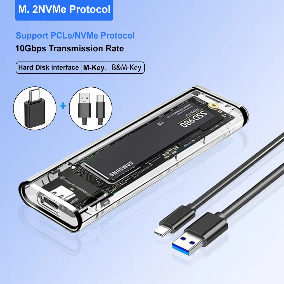 M.2 NVME PCIe Case NGFF SATA Protocol SSD Case Clear USB Type C 10Gbps PCI-E M2 SSD Transparent External Enclosure Hard Disk Box
