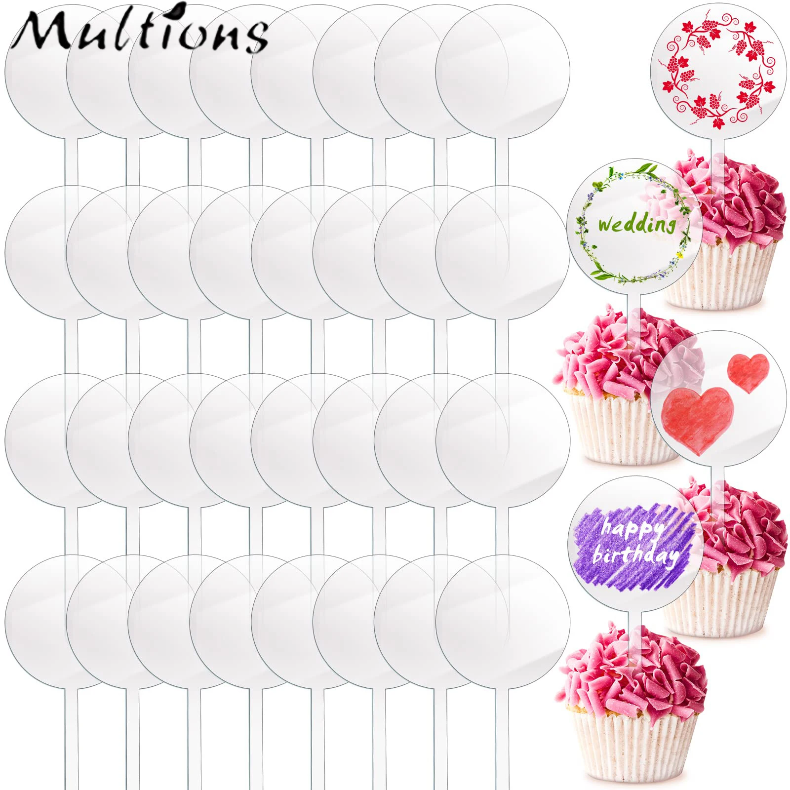 

20Pcs 2 Inch Round Acrylic Cupcake Toppers Transparent Blank Cupcake Sticks For DIY Party Birthday Cake Decorations