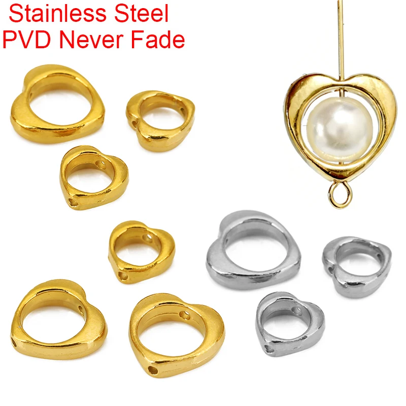 5pcs Stainless Steel Heart Earrings Beads Charms PVD Never Fade Hole 6mm 8.5 mm Necklace Bracelet Spacer Beads Jewelry Supplies