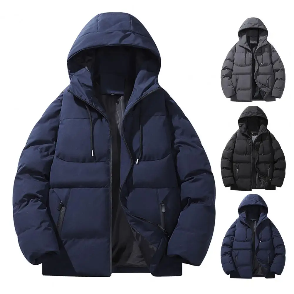 Hooded Cotton Coat Premium Winter Men's Cotton Coat Thickened Padded Zip Up with Zipper Pockets Warm Solid Color Long Sleeve