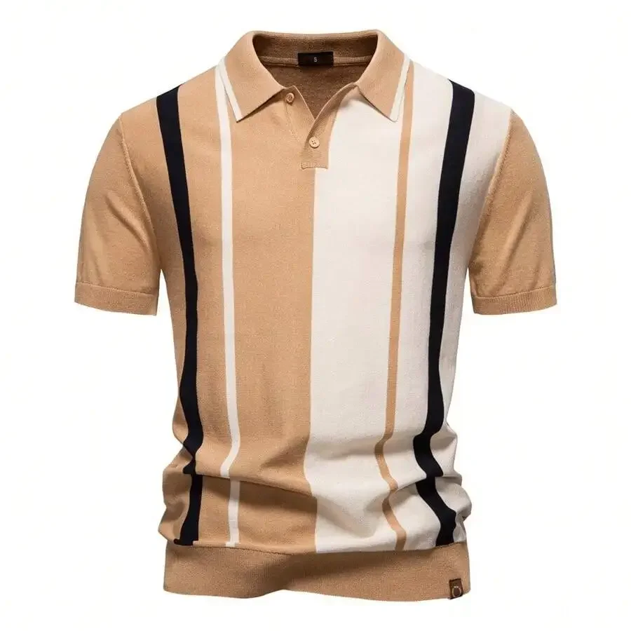 

Mens Knitted Striped Short Sleeve Shirt Casual Summer Top