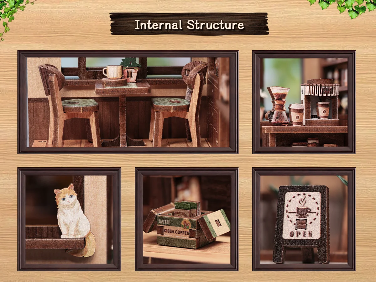 CUTEBEE Kissa Coffee Book Nook Kit 3D Wooden Puzzle Dollhouse with LED Light DIY Miniature House Model