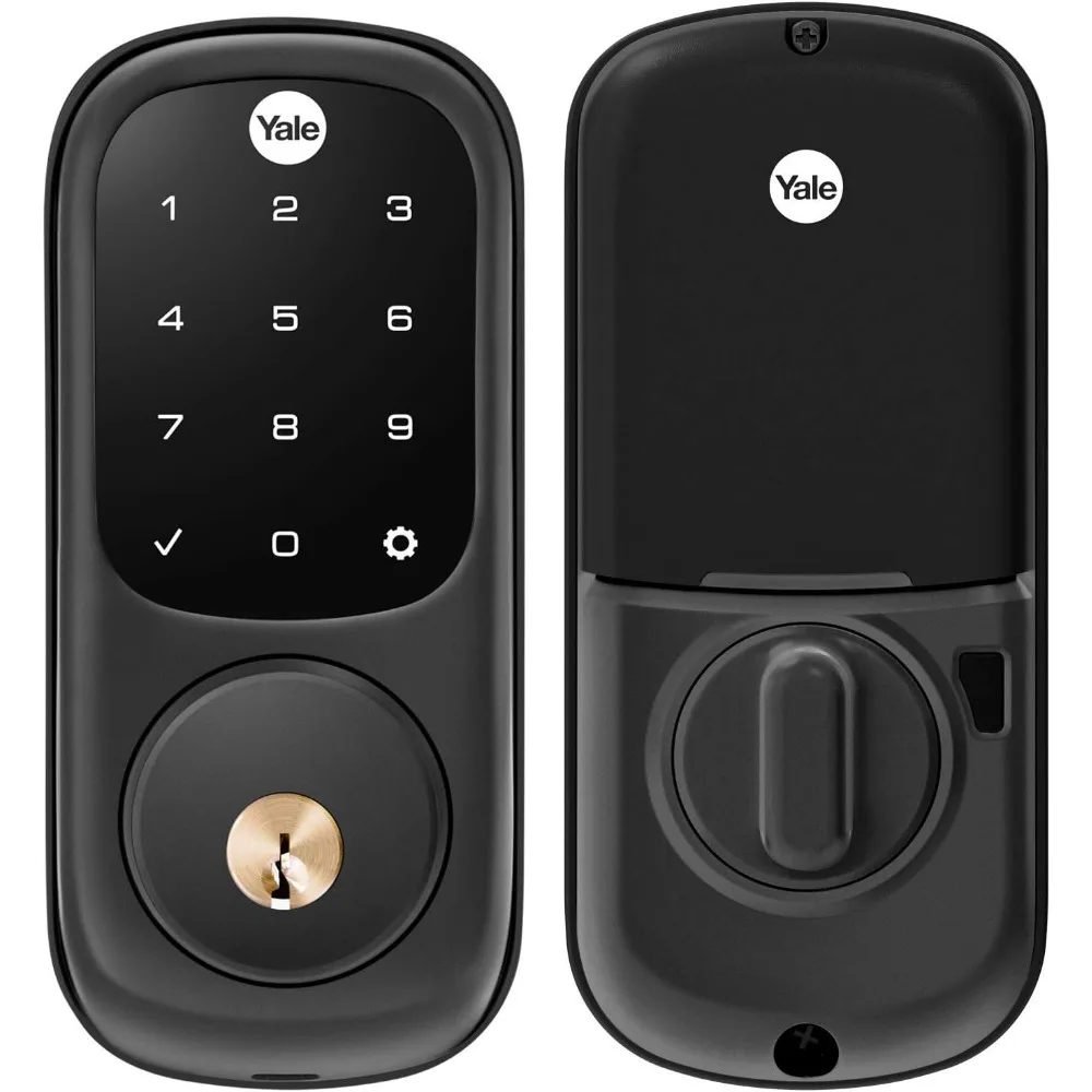 Assure Lock, Smart Lock in pelle scamosciata nera con tastiera touchscreen digitale connesso Wi-Fi per porta anteriore o posteriore con chiave di backup, YR