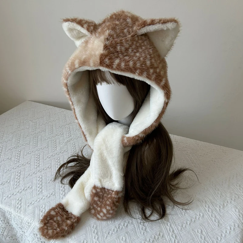 

Cute Winter Hat Scarf Integrated Faux Fur Plush Reindeer Furry Glove Shawl Gothic Cap Leg Warmers Performance Costume Bomber Hat