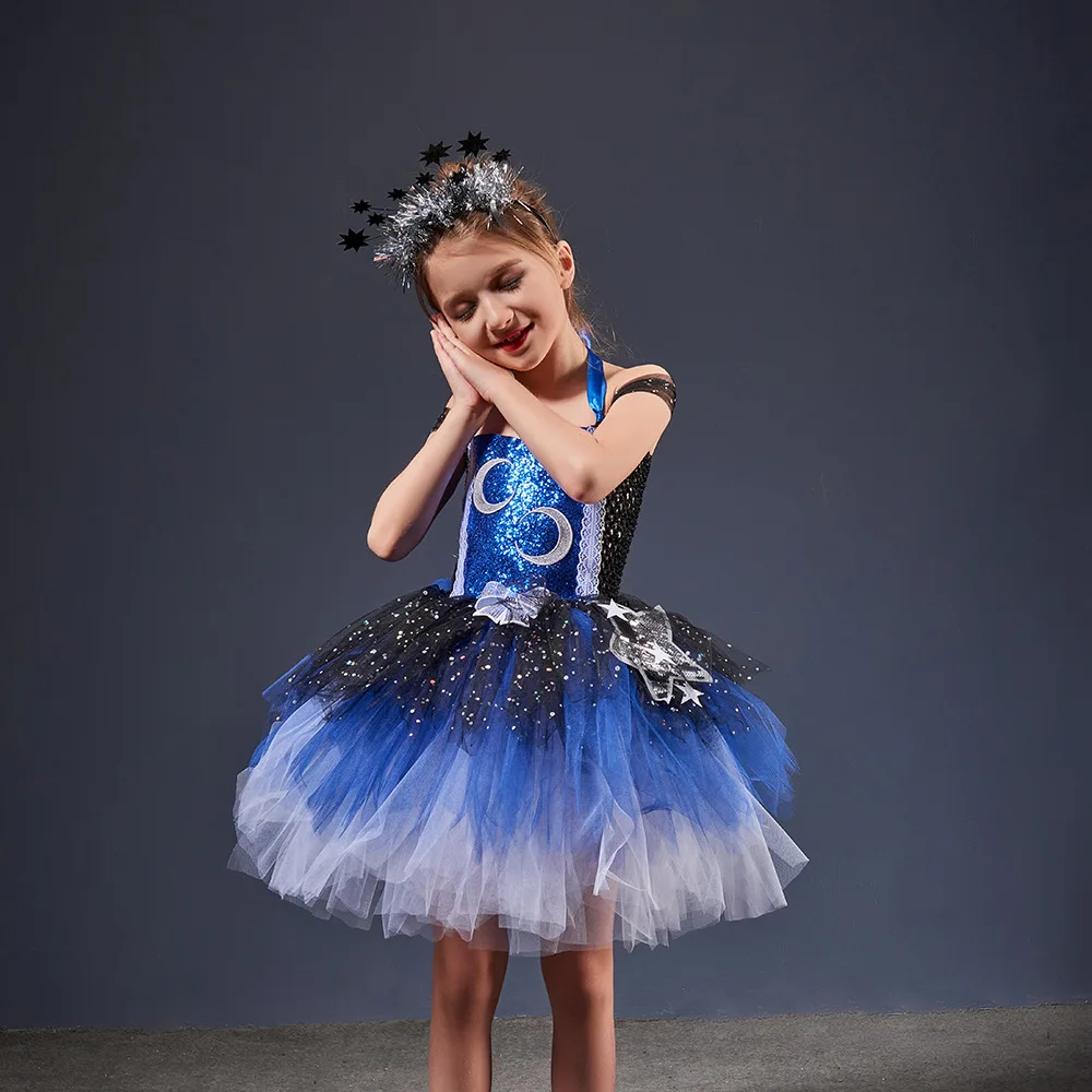 

Stunning Glittering Galaxy Girls Tutu Dress Night Sky Stars Moon Kids Halloween Costume Sparkly Pageant Gala Party Ball Gown