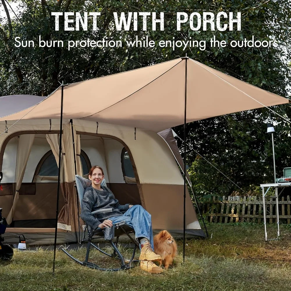 

Outdoor Camping 10 Person Camping Tent With Porch Awnings 2 Ground Vents Big Family Cabin Tent With 2 Rooms 6 Large Mesh Windows