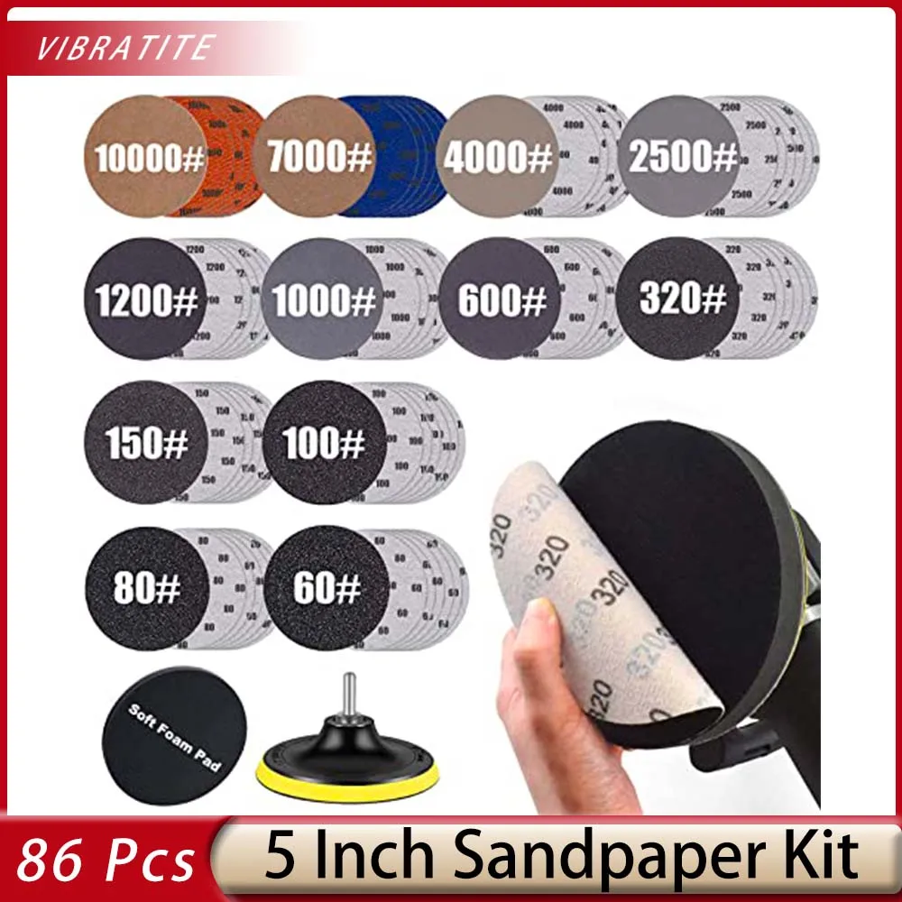 

5 Inch Sandpaper 86 Pcs 60-10000 Grit Backing Pad Set, Wet Dry Electric Hook Loop Sanding Disc For Wood Metal Polishing