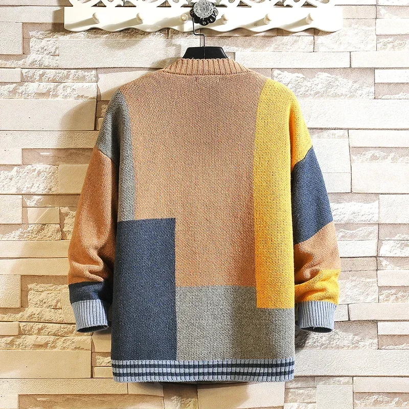 Vintage Knit Cardigan Jacket Stitching Colors Men Women Casual Sweater Cardigan Loose Wool Knitwear High Quality Knitted