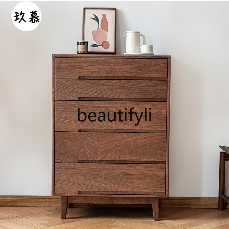 

North American black walnut solid wood chest of drawers cherry wood log bedroom storage cabinet