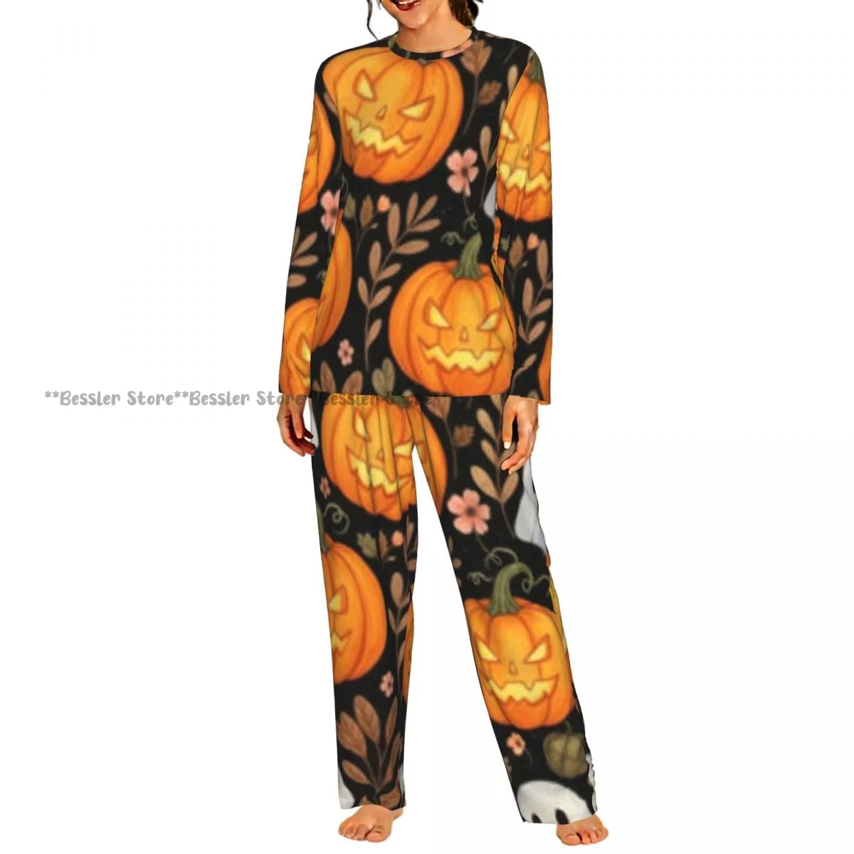 Women Casual Round Neck 2PCS Sleepwear Set Long Sleeve Shirt & Long Pants Whimsical Ghosts And Lanterns Daily Home Loungewear