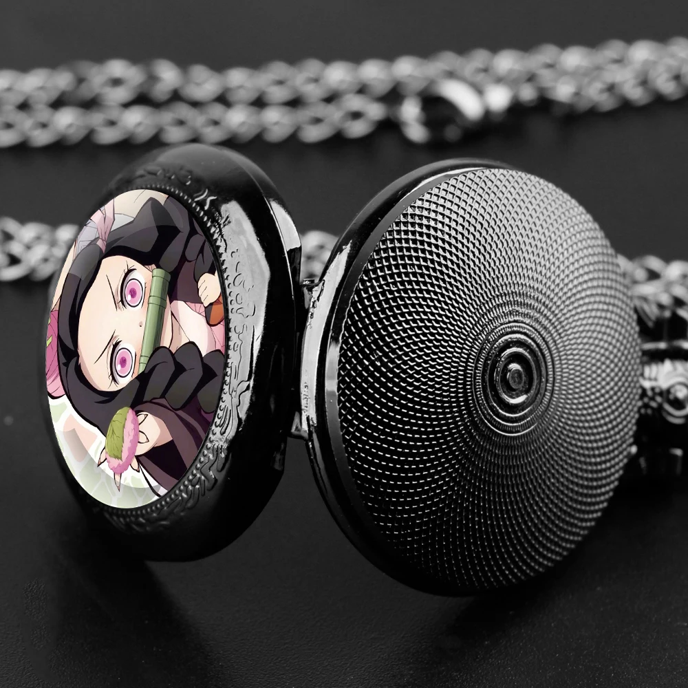 Kamado Nezuko Glass Dome Black Quartz Pocket Watch with Arabic Numerals Dial and Durable Chain Retro Gift for Men Women