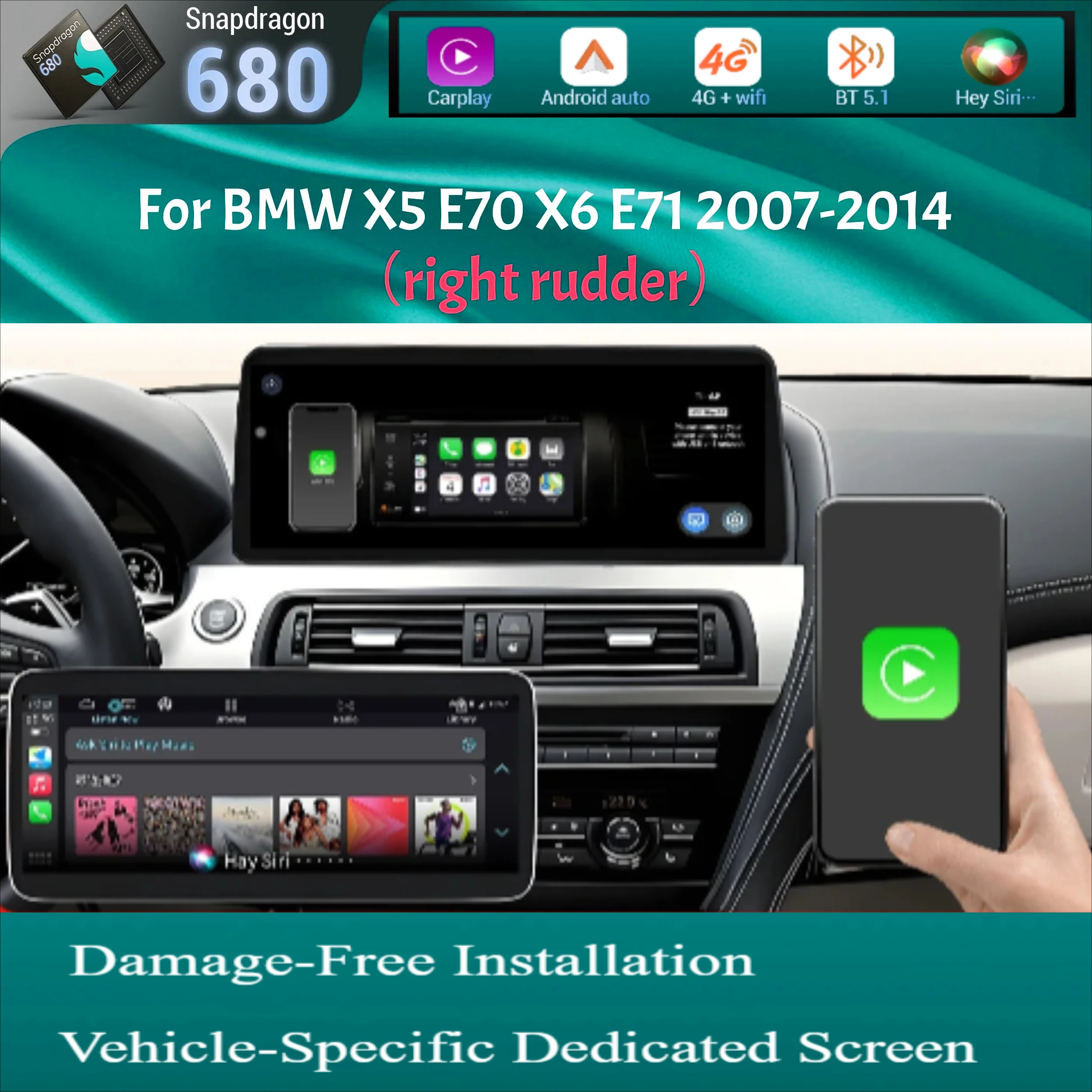 

For BMW X5 E70 X6 E71 2007-2014 Car Radio 12.3 inch Right Hand Drive Android 14 Wireless BT Carplay Snapdragon 680 Touch Screen