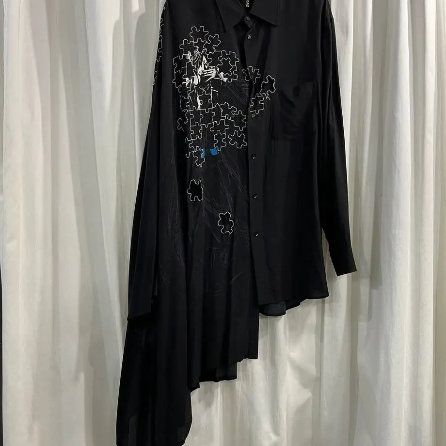 TOP-YAMAMOTO ® Dark style printed shirt for men, long-sleeved asymmetrical design, cool and casual style