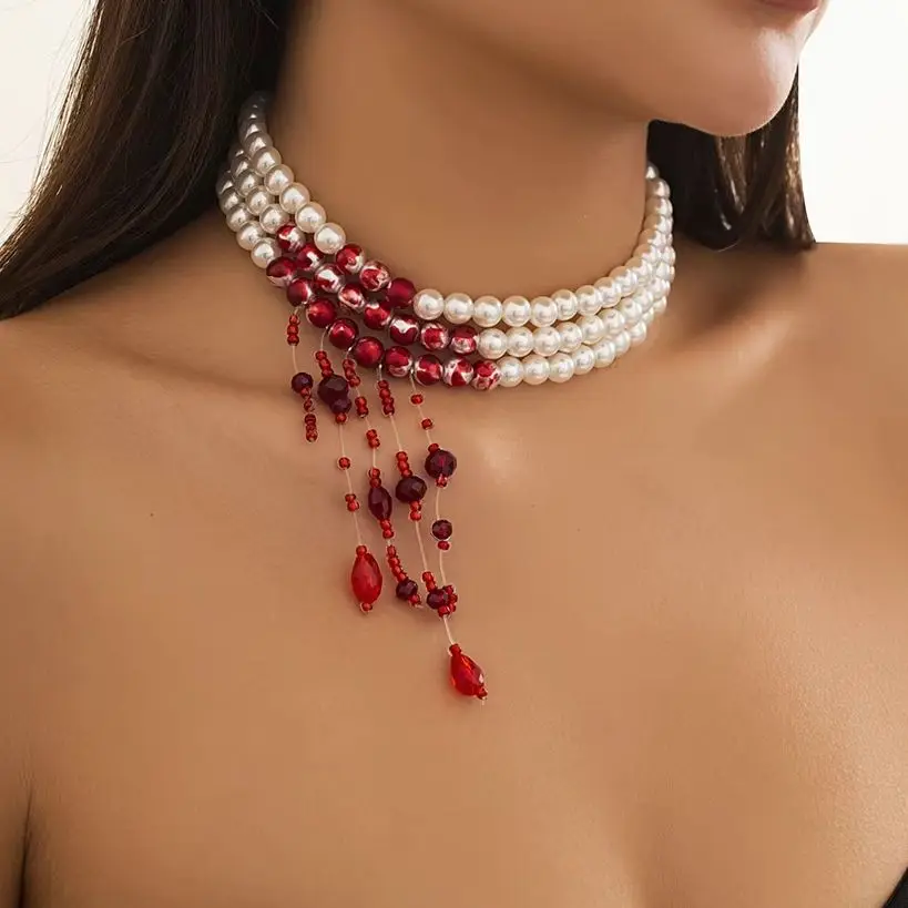 PuRui Gothic Multilayer Imitation Pearl Pendant Necklace for Women Red Blood Crystal Beads Tassel Choker Halloween Party Jewelry