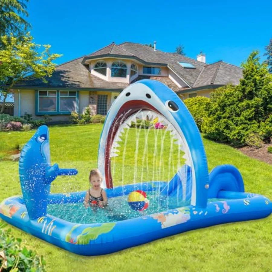Backyard inflatable kiddie pool with water slide and sprayers thickened PVC blue for toddlers and play ball hoop view 2