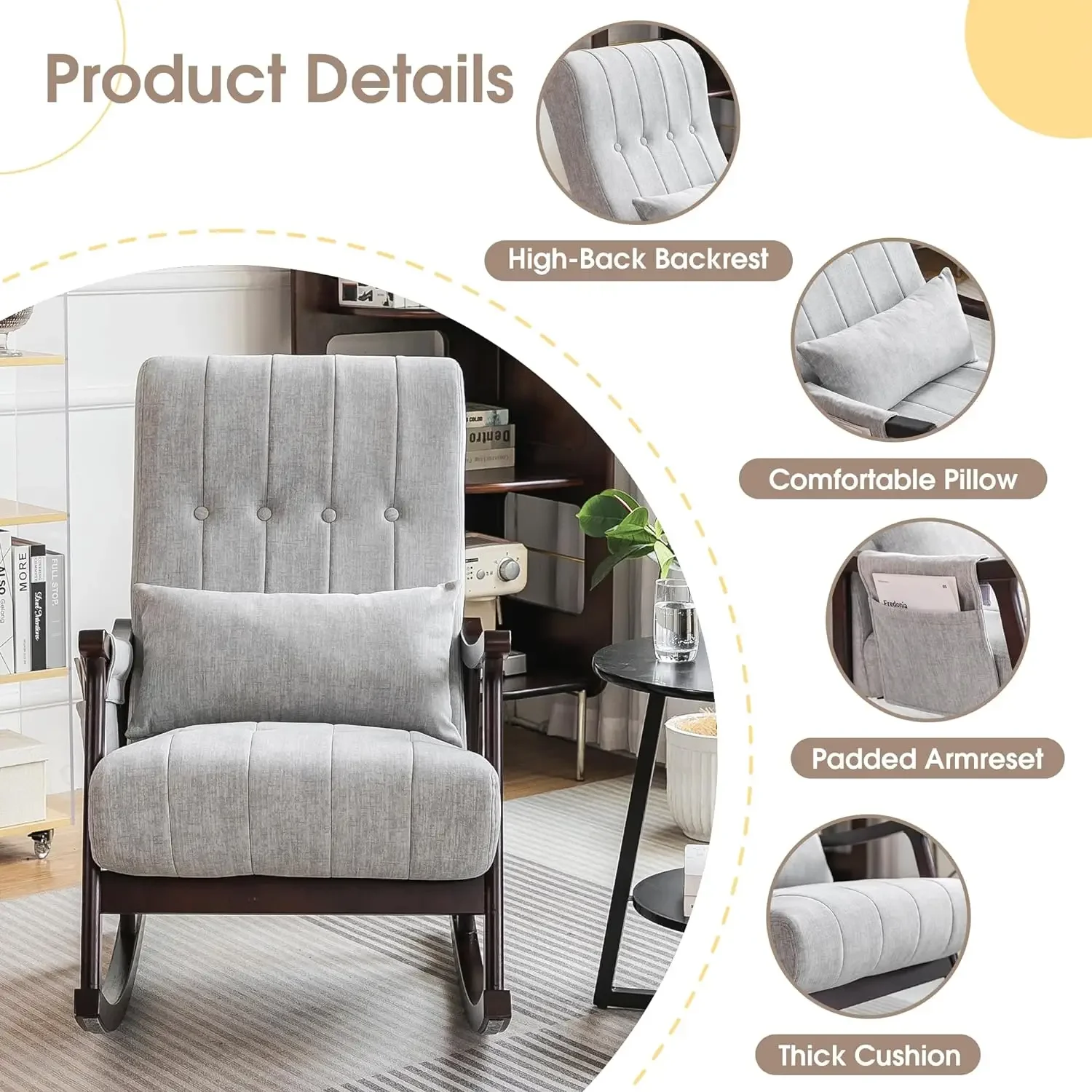 Upholstered Rocking Chair, Nursery Rocking Chair Indoor for Living Room, Modern Glider Rocker w/Pillow＆Side Pocket, High Back