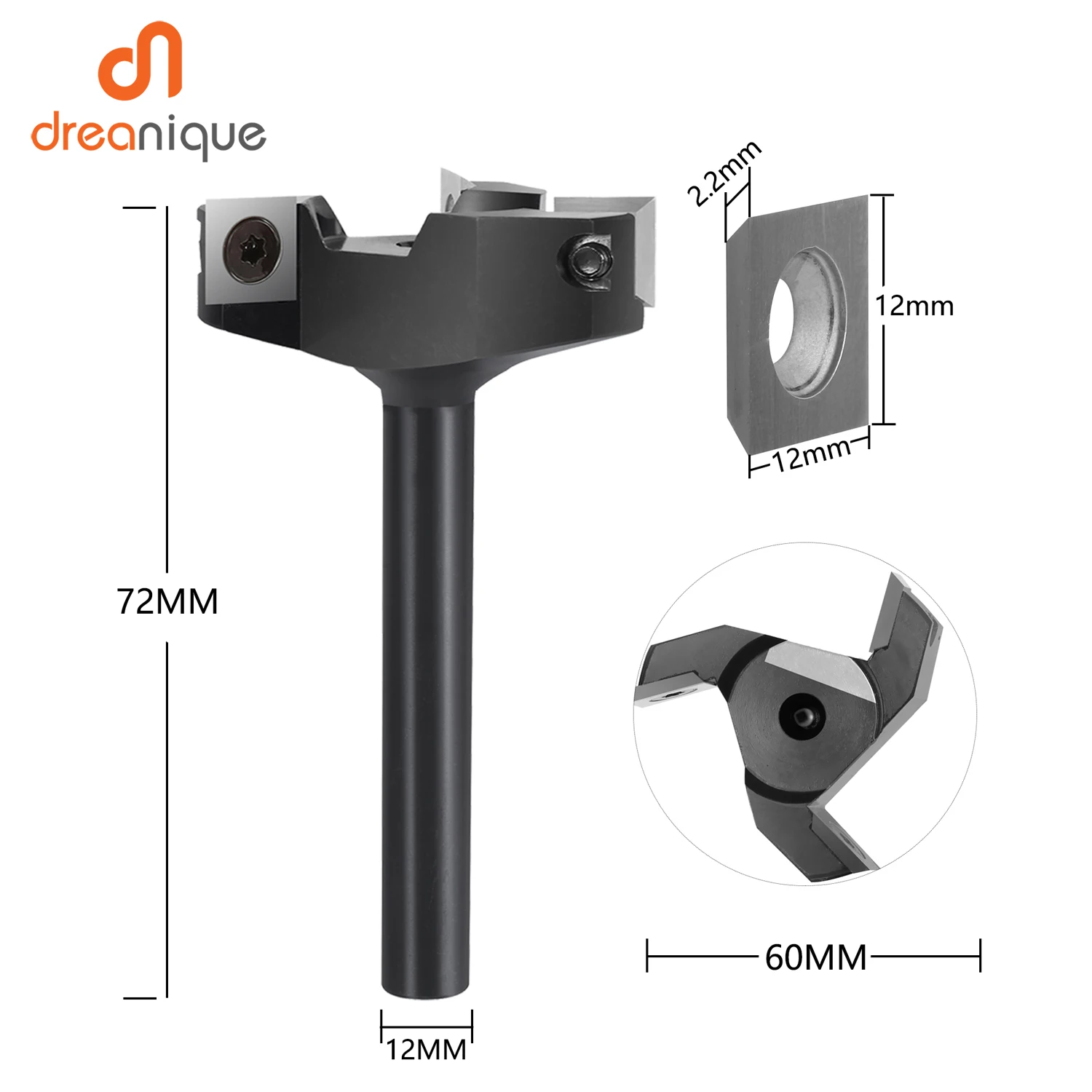 Dreanique 3-Flute Wood Planer Bit 35mm 60mm Cutting Diameter 8mm 12mm Shank Spoilboard Surfacing Router Bit Insert Carbide Slab