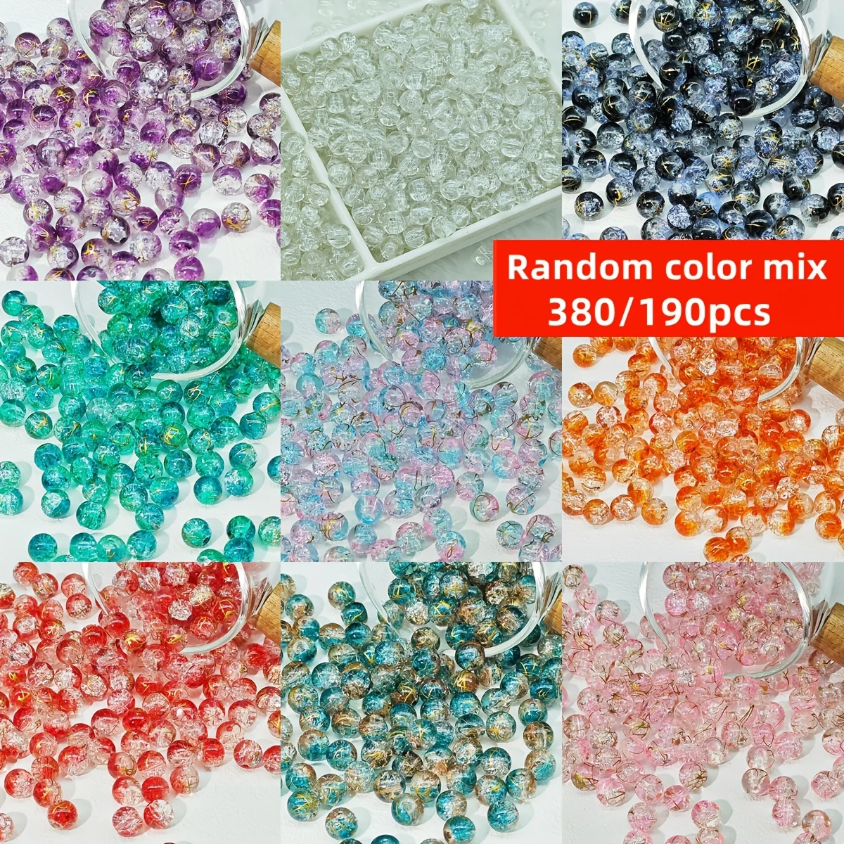 380/190 Stück 8/10 mm Acryl zufällige Farbe rissige gestreifte runde Perlen gemischte Farbe, für DIY-Schmuckzubehörperlen