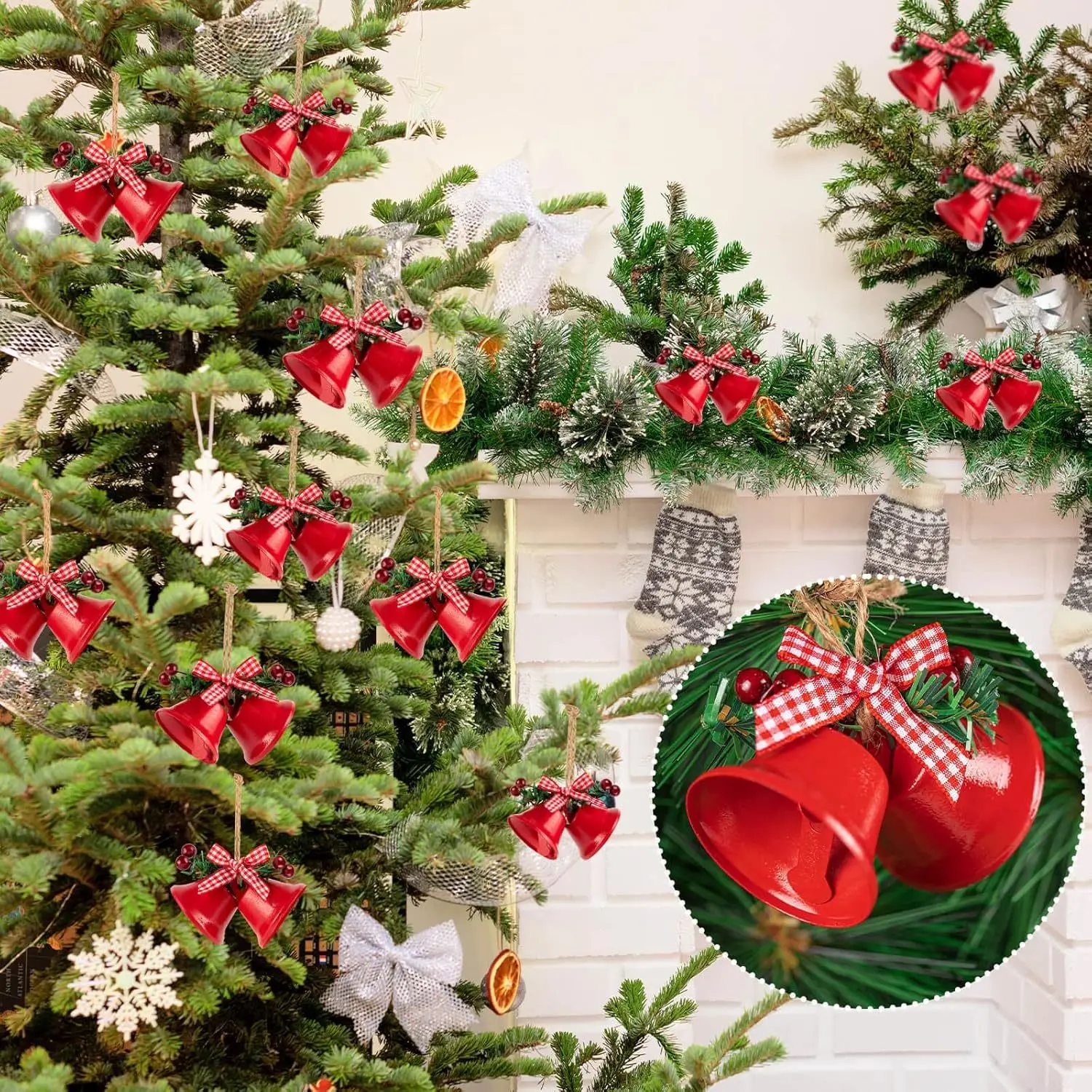 4/12pcs Cast Iron Christmas Bells Decorations with Red & White Gingham Bow & Greenery - Durable Indoor Hanging Decor for Tree