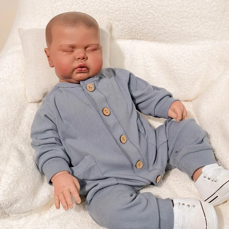 60cm Pickle Dark Skin Sleeping in Soft Cloth Body Lifelike Reborn Toddler Hand Panted Hair Cuddly Baby Boy Doll Baby