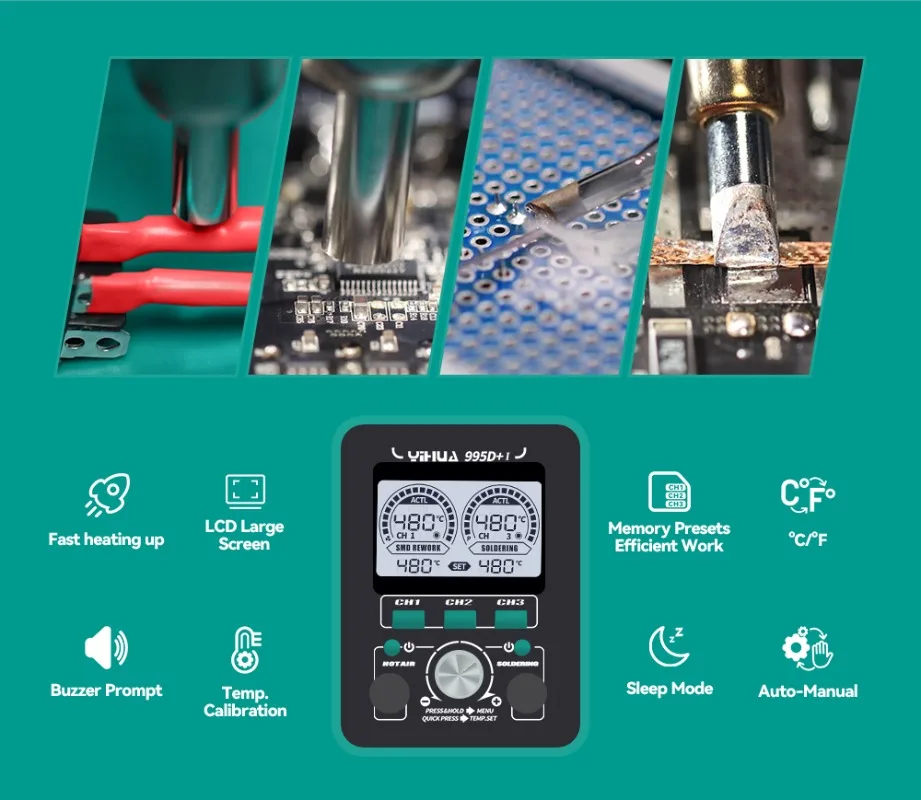 YIHUA LED 디지털 납땜 스테이션, 핫 에어 건 재작업 스테이션, 휴대폰 PCB IC SMD BGA용 전기 납땜 인두, 995D + I, 810W, 110W